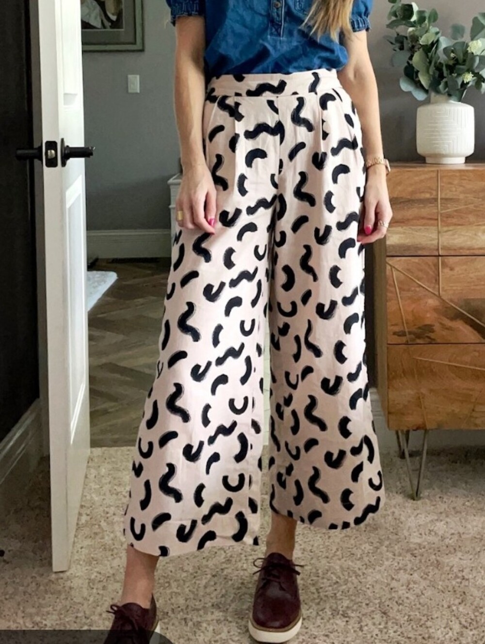 A New Day Women Linen Blend Wide-Leg Culotte Pants beige abstract Brushstroke S